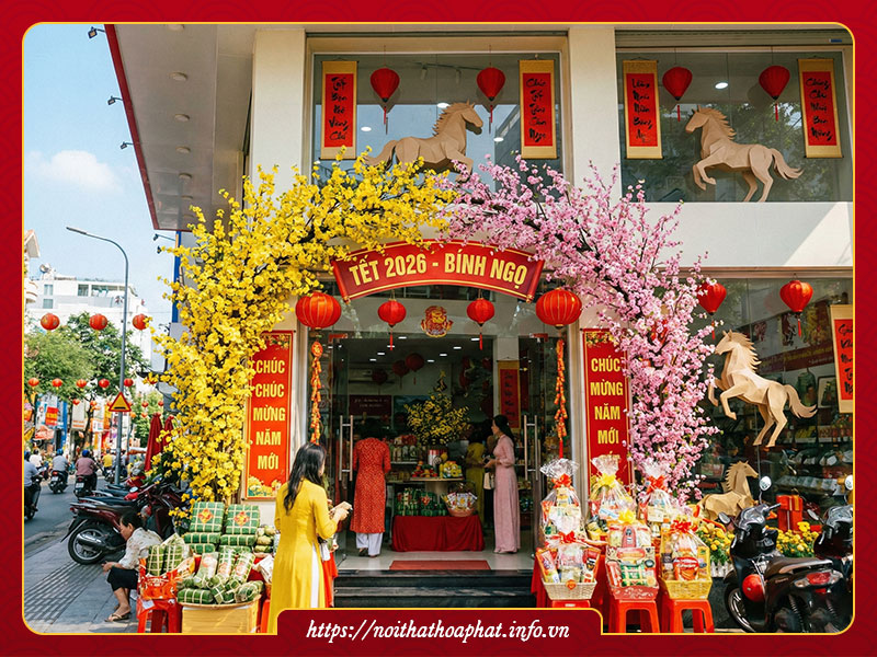 trang trí cửa hàng tết 2026 Bính Ngọ