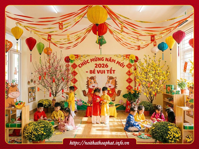 Trang trí tết 2026 trường mầm non
