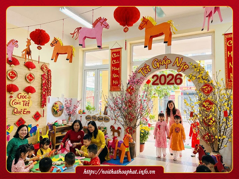 Trang trí tết 2026 trường mầm non