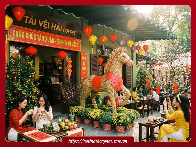 Trang trí tết quán cà phê 2026 Bính Ngọ