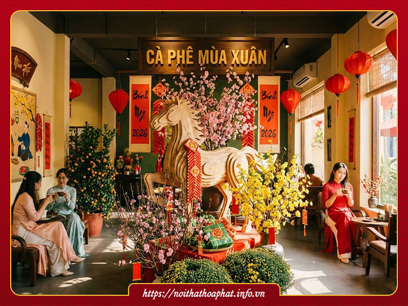 Trang trí tết quán cà phê 2026 Bính Ngọ