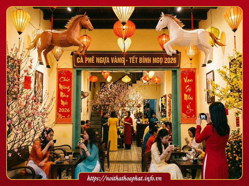 Trang trí tết quán cà phê 2026 Bính Ngọ