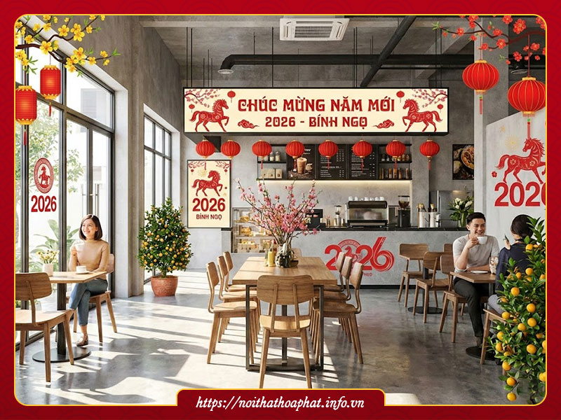 Trang trí tết quán cà phê 2026 Bính Ngọ