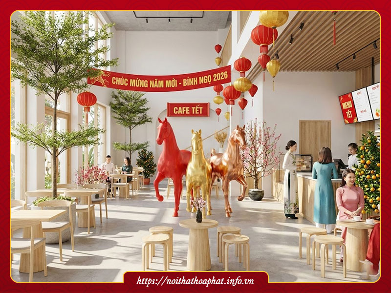 Trang trí tết quán cà phê 2026 Bính Ngọ