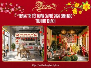 Trang trí tết quán cà phê 2026 Bính Ngọ