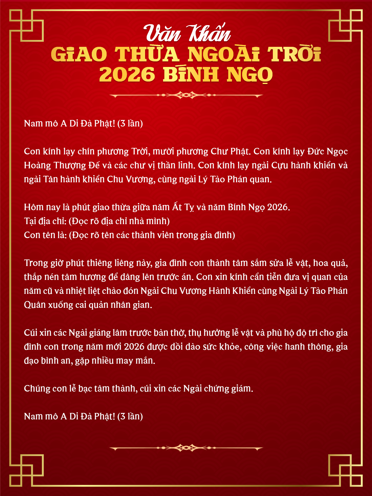 Văn khấn giao thừa ngoài trời 2026
