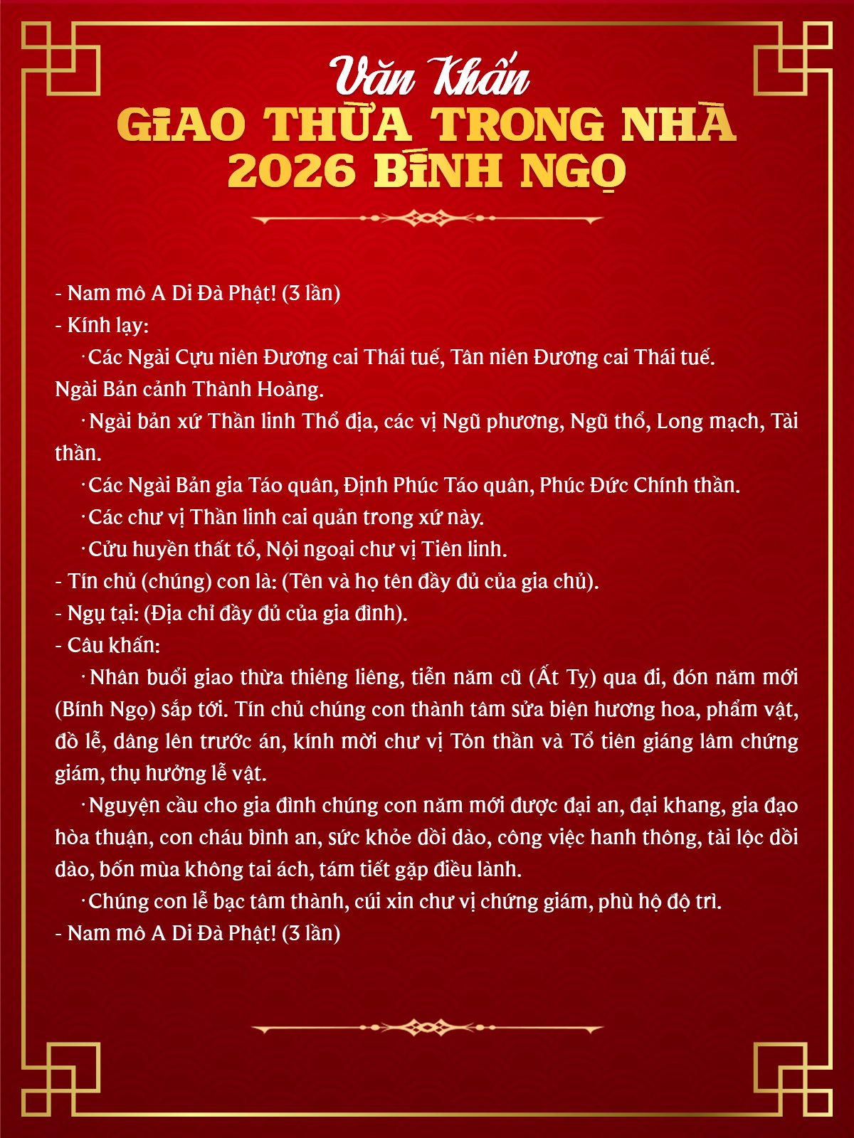 Văn khấn giao thừa trong nhà 2026