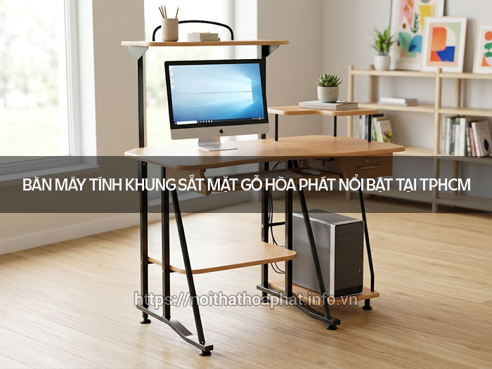 Bàn máy tính khung sắt mặt gỗ